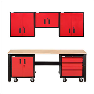 8-Piece Red and Black Workbench and Cabinet Set
