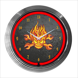 15-Inch Mechanic Fire Skull Neon Clock