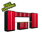 NewAge Garage Cabinets PRO Series Red 10-Piece Set with Bamboo Top and LED Lights