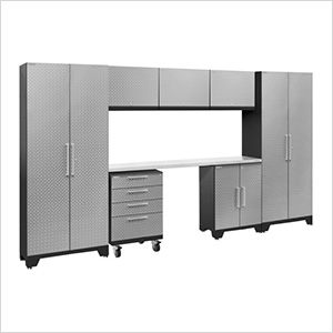 Newage Products 55876 Garage Cabinets In Silver Performance 2 0 Silver Diamond Plate 8 Piece Cabinet Set With Led Lights
