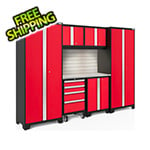 NewAge Garage Cabinets BOLD Series Red 7-Piece Set with Stainless Top, Backsplash, LED Lights