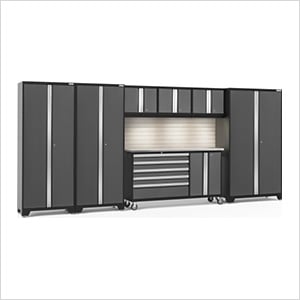 BOLD Grey 7-Piece Cabinet Set with Stainless Top, Backsplash, LED Lights