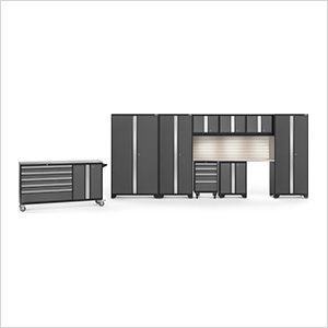 BOLD Grey 10-Piece Cabinet Set with Stainless Top, Backsplash, LED Lights