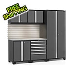 NewAge Garage Cabinets PRO Series Grey 6-Piece Set with Stainless Steel Top, Slatwall and LED Lights