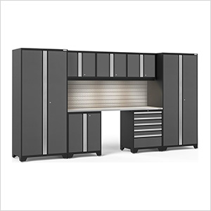 PRO Series Grey 8-Piece Set with Stainless Steel Top, Slatwall and LED Lights