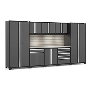PRO Series 3.0 Grey 9-Piece Set with Stainless Steel Top, Slatwall and LED Lights