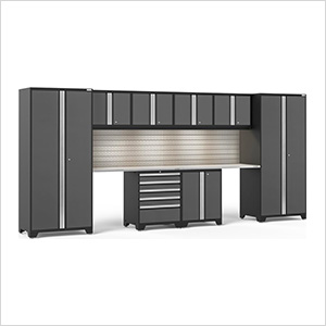 PRO Series Grey 10-Piece Set with Stainless Top, Slatwall and LED Lights