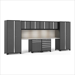 PRO Series Grey 10-Piece Set with Stainless Steel Top, Slatwall and LED Lights
