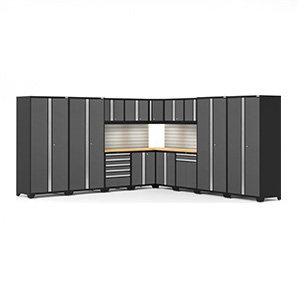PRO Series Grey 16-Piece Corner Set with Bamboo Tops, Slatwall and LED Lights