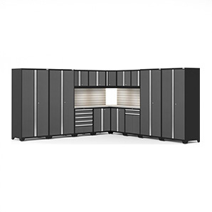 PRO Series Grey 16-Piece Corner Set with Stainless Tops, Slatwall and LED Lights
