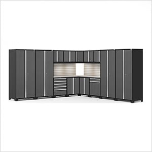 PRO Series Grey 16-Piece Corner Set with Stainless Tops, Slatwall and LED Lights
