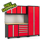 NewAge Garage Cabinets PRO Series Red 6-Piece Set with Bamboo Top, Slatwall and LED Lights