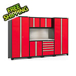 NewAge Garage Cabinets PRO Series Red 7-Piece Set with Stainless Steel Top, Slatwall and LED Lights