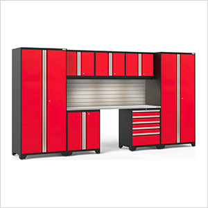 PRO Series 3.0 Red 8-Piece Set with Stainless Steel Top, Slatwall and LED Lights