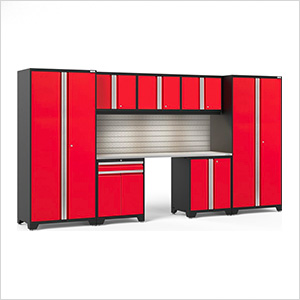 PRO Series  Red 8-Piece Set with Stainless Steel Top, Slatwall and LED Lights