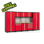 NewAge Products PRO Series Red 9-Piece Cabinet Set with Bamboo Top Slatwall and LED Lights