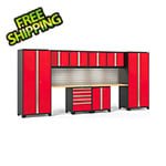 NewAge Products PRO Series Red 10-Piece Cabinet Set with Bamboo Top Slatwall and LED Lights