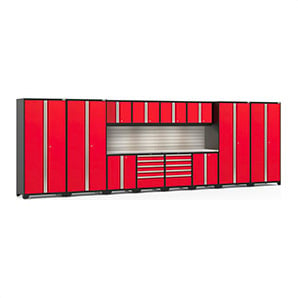 PRO Series Red 14-Piece Set with Stainless Steel Tops, Slatwall and LED Lights