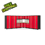 NewAge Garage Cabinets PRO Series Red 16-Piece Corner Set with Bamboo Tops, Slatwall and LED Lights