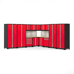 PRO Series Red 16-Piece Corner Set with Bamboo Tops, Slatwall and LED Lights