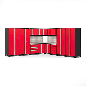 PRO Series Red 16-Piece Corner Set with Stainless Tops, Slatwall and LED Lights