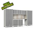 NewAge Garage Cabinets PRO Series Platinum 8-Piece Set with Stainless Steel Top, Slatwall and LED Lights