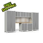 NewAge Garage Cabinets PRO Series Platinum 8-Piece Set with Bamboo Top, Slatwall and LED Lights