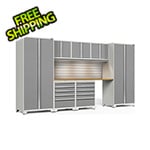 NewAge Garage Cabinets PRO Series Platinum 8-Piece Set with Bamboo Top, Slatwall and LED Lights