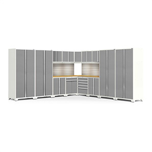 PRO Series White 16-Piece Corner Set with Bamboo Tops, Slatwall and LED Lights