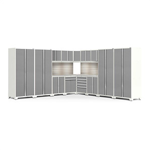 PRO Series White 16-Piece Corner Set with Stainless Tops, Slatwall and LED Lights