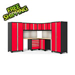 NewAge Garage Cabinets PRO Series Red 12-Piece Corner Set with Bamboo Tops, Slatwall and LED Lights