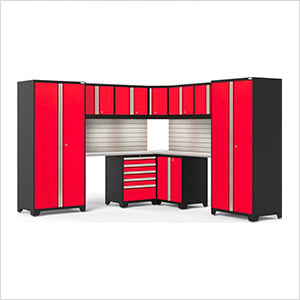 PRO Series Red 12-Piece Corner Set with Stainless Tops, Slatwall and LED Lights