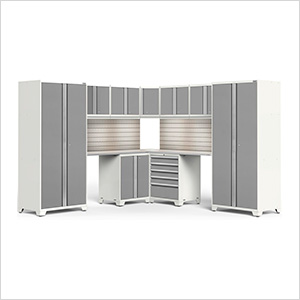 PRO Series White 12-Piece Corner Set with Stainless Tops, Slatwall and LED Lights