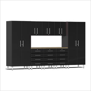 9-Piece Garage Cabinet Kit with Bamboo Worktop in Midnight Black Metallic