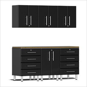 7-Piece Garage Cabinet Kit with Bamboo Worktop in Midnight Black Metallic