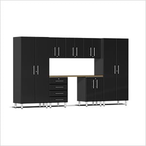 8-Piece Garage Cabinet Kit with Bamboo Worktop in Midnight Black Metallic