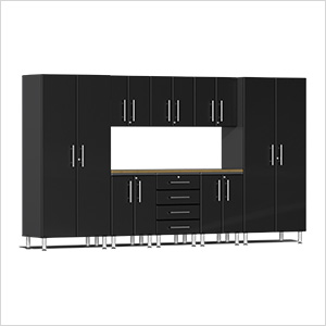 9-Piece Garage Cabinet Kit with Bamboo Worktop in Midnight Black Metallic