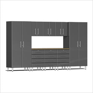 9-Piece Garage Cabinet Kit with Bamboo Worktop in Graphite Grey Metallic