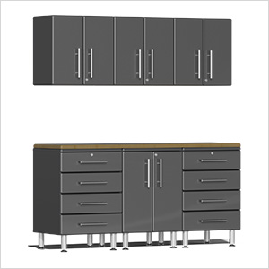 7-Piece Garage Cabinet Kit with Bamboo Worktop in Graphite Grey Metallic