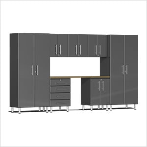 8-Piece Garage Cabinet Kit with Bamboo Worktop in Graphite Grey Metallic