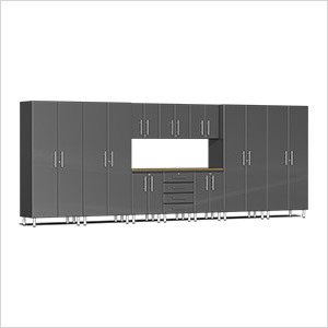 11-Piece Garage Cabinet Kit with Bamboo Worktop in Graphite Grey Metallic