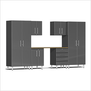 7-Piece Garage Cabinet Kit with Bamboo Worktop in Graphite Grey Metallic