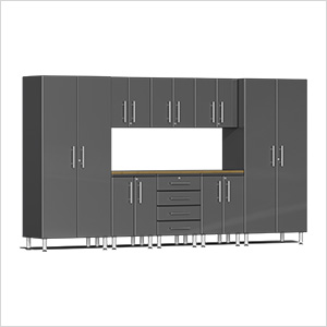 9-Piece Garage Cabinet Kit with Bamboo Worktop in Graphite Grey Metallic