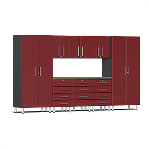 9-Piece Garage Cabinet Kit with Bamboo Worktop in Ruby Red Metallic