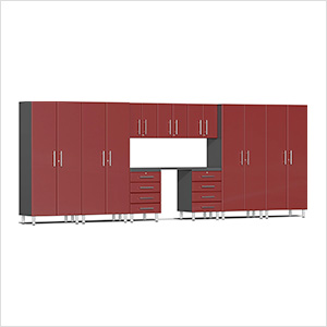 10-Piece Garage Cabinet Kit with Channeled Worktop in Ruby Red Metallic