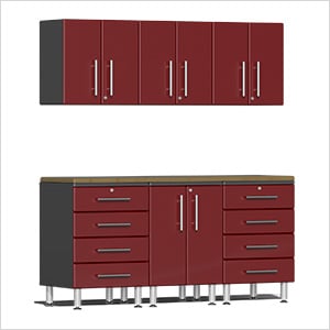 7-Piece Garage Cabinet Kit with Bamboo Worktop in Ruby Red Metallic