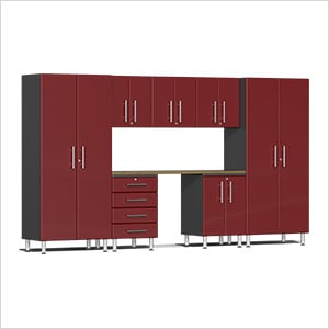 8-Piece Garage Cabinet Kit with Bamboo Worktop in Ruby Red Metallic