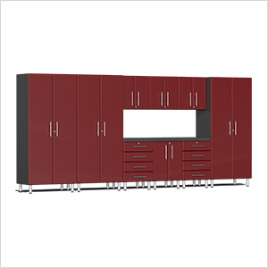 10-Piece Garage Cabinet Kit with Channeled Worktop in Ruby Red Metallic