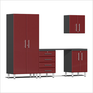 5-Piece Garage Cabinet Kit with Channeled Worktop in Ruby Red Metallic