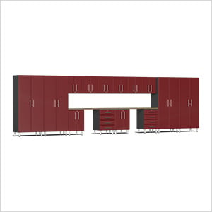 16-Piece Garage Cabinet Kit with Bamboo Worktop in Ruby Red Metallic